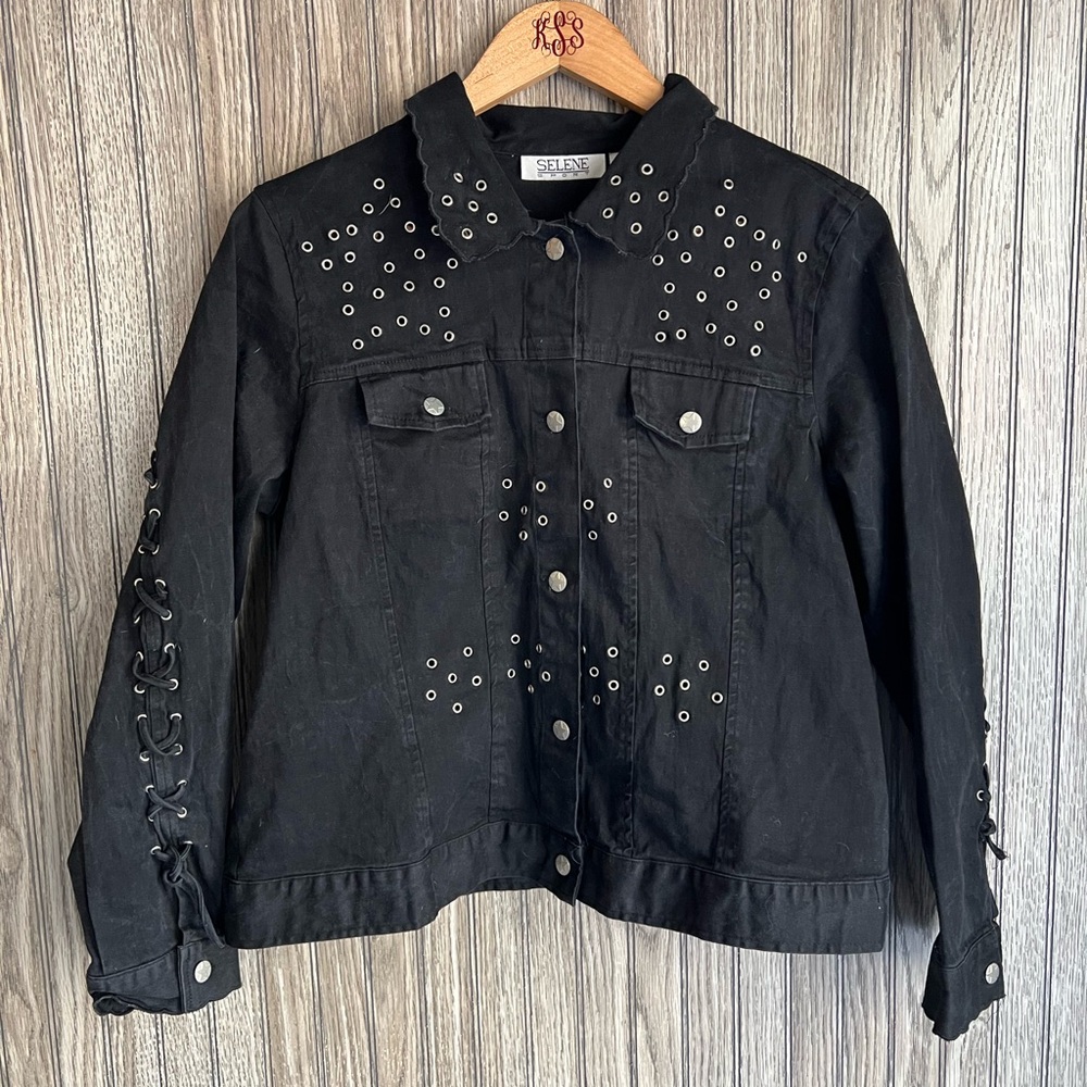 y2k Emo Grunge Goth Black Denim Jean Silver Star Studded Lace Up Jacket Coat